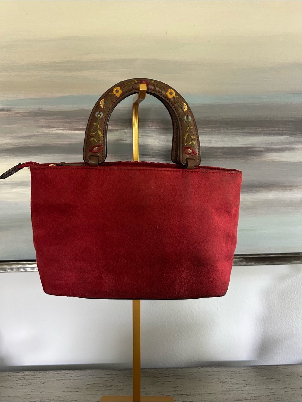 Relic Red Suede Mini Top-Handle Bag with Embroidered Handles